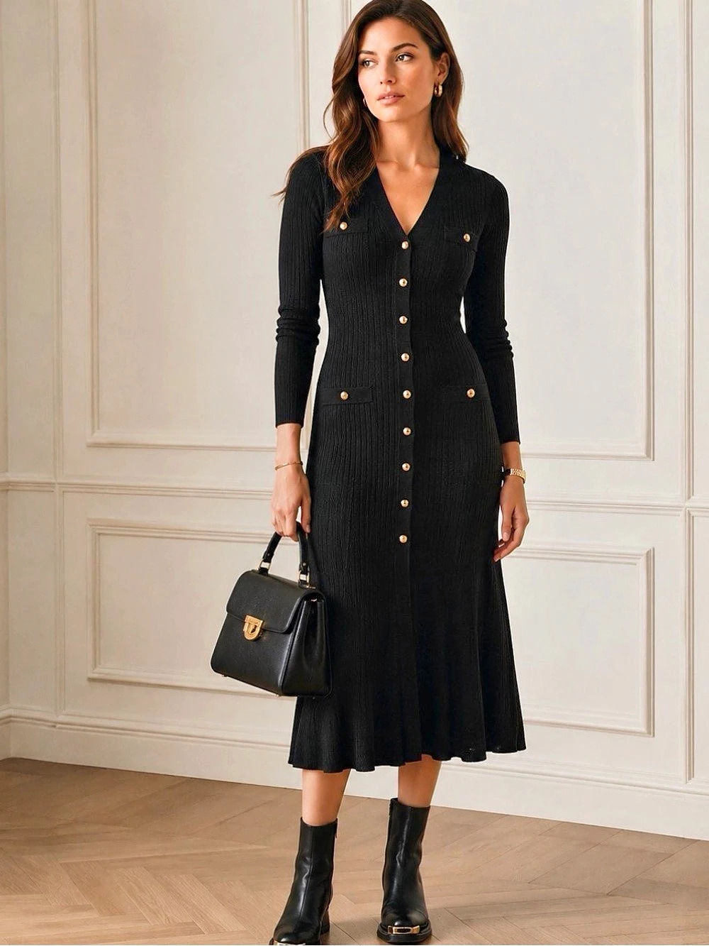 Sandro Jannel  Ribbed Knit Fluted Midi Dress Black Like New